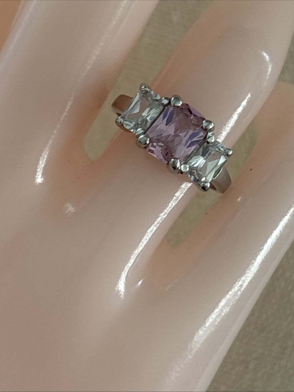 Emerald Cut Pink White CZ Three Stone Ring Past Present Future Sterling Size6.75 - Picture 13 of 13